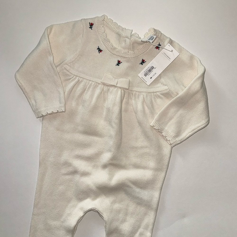 NWT Janie and Jack Cream Scalloped Knit Baby One-Piece with Bow 6-12 months